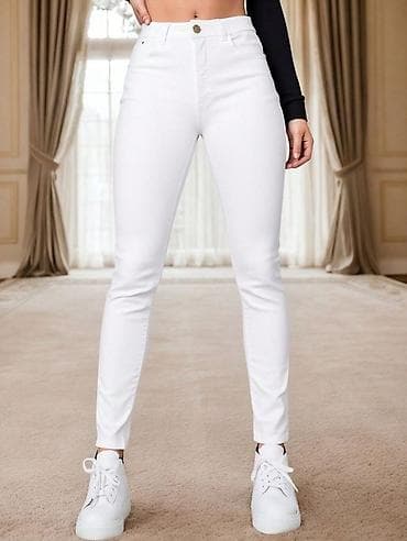 Брюки: Ağ rəngli qadın şalvarı – skinny kəsim - Yüksək bel, düymə və fermuar — 1