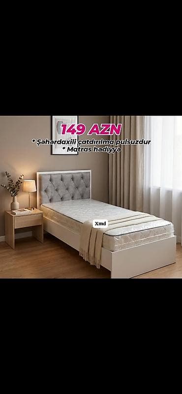 kreditle stul: Tək nəfərlik çarpayı – 149 AZN - Dizayn: Yumşaq başlıqla, minimalist — 2