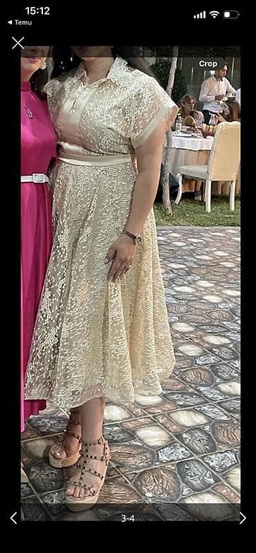 qara uzun don: Qızılı-bej rəngdə zərif qadın paltarı - Dizayn: A-kəsimli, beldən — 3