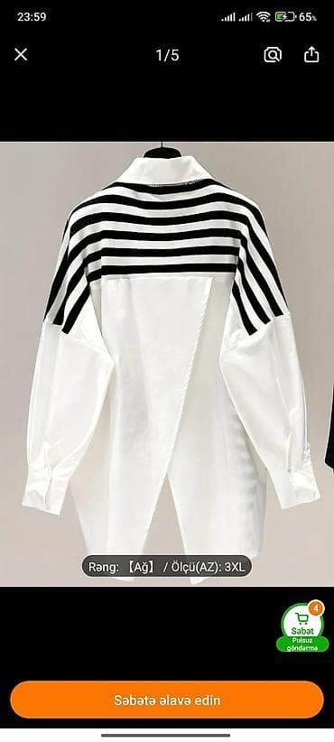 Qadın köynəyi – asimmetrik dizaynlı, ağ rəngdə, qara-ağ enli zolaqlı