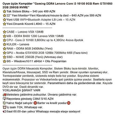 Kompüter ehtiyyat hissələri: Oyun üçün Kompüter "Gaming DDR4 Lenovo Core i3 10100 8GB Ram GTX1050 — 5