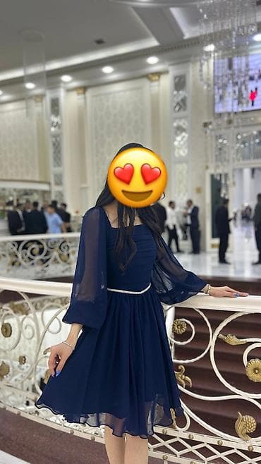Tünd göy rəngli ziyafət/gecə geyimi - Model: qısa A-kəsim ətək, bel