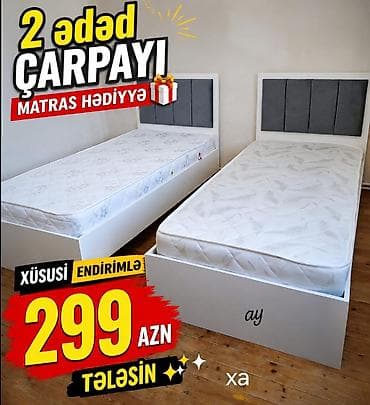 metbext mebileri: - 2 ədəd tək nəfərlik çarpayı dəsti - Rəng: ağ gövdə, boz yumşaq — 1