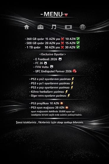 -MENU-🔻 -360 GB qədər 15 AZN yox❌ 10 AZN✅ -500 GB qədər 20 AZN yox❌