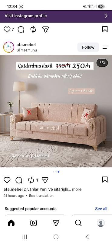 Açılan və bazalı divan - Model: AFA Mebel dizaynı, yumşaq pastel