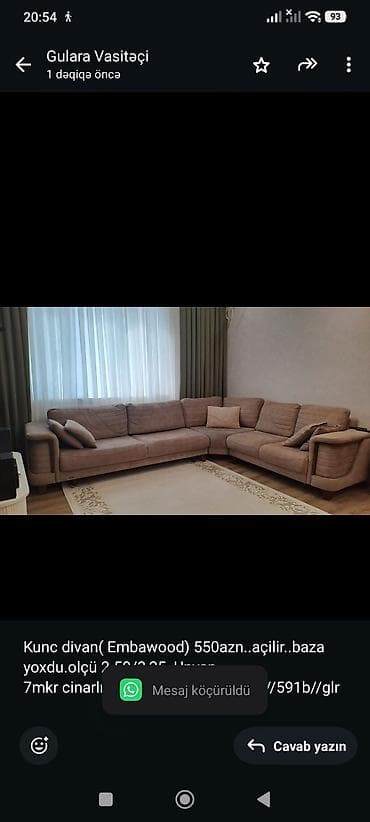 xan cinar: Kunc divan( Embawood) 550azn. açilir. baza yoxdu.olçü 2.50/3,25 Unvan — 1