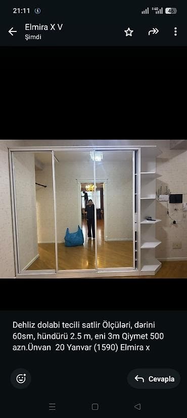 Dehliz dolabi tecili satlir Ölçüləri, dərini 60sm, hündürü 2.5 m, eni