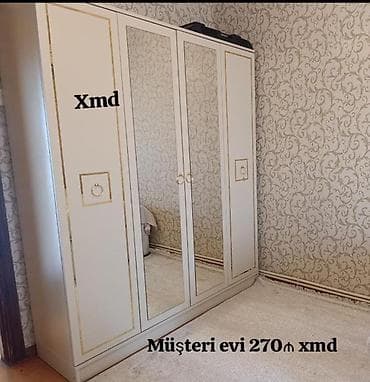 Ağ rəngli 4 qapılı dolab - Klassik dizayn, qızılı bəzək xətləri -