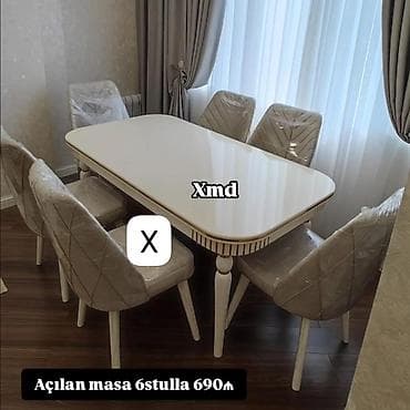 Açılan masa dəsti – 6 stul ilə birlikdə. - Masa: Ovala yaxın