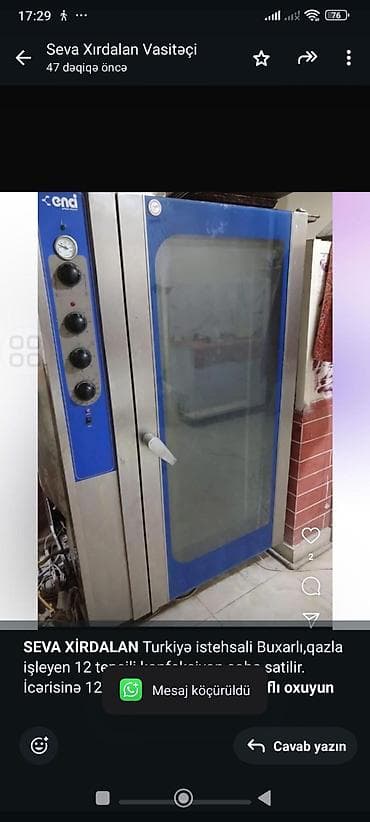 Avadanlığın icarəsi: *SEVA XİRDALAN* Turkiyə istehsali Buxarlı,qazla işleyen 12 tepsili — 1