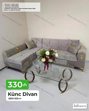 Künc divan – 260×160 sm - Mexanizm: açılan, bazalı (yataq funksiyası — 1