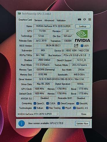 samsung notebooklar: MSI GeForce RTX 2070 SUPER MSI videokartı Texniki göstəricilər: - — 3