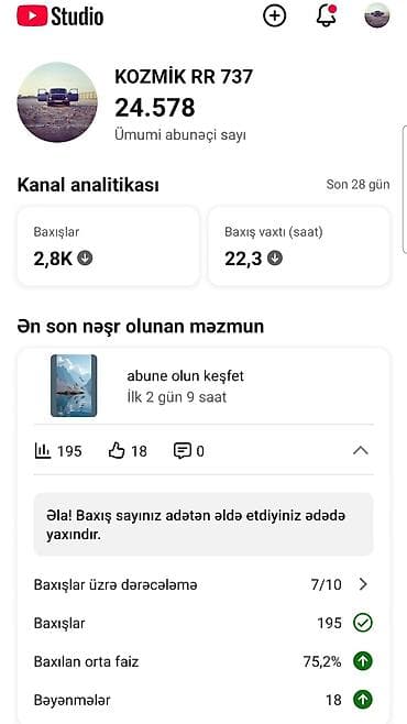 Hazır biznes: Məhsul: Aktiv YouTube kanalı – “KOZMİK RR 737” Təsvir: - Platforma — 1
