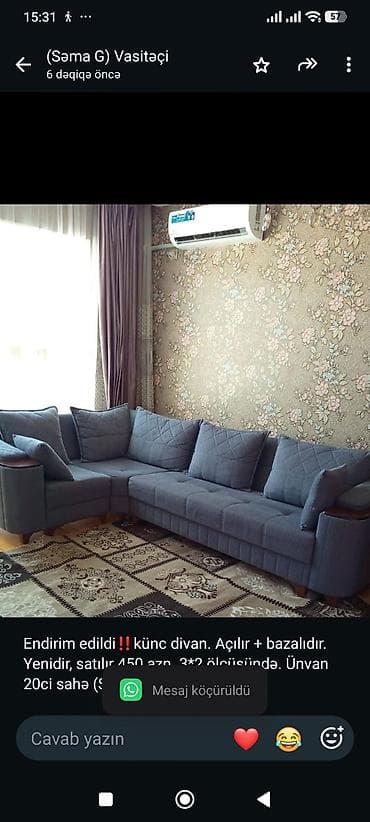 Endirim edildi‼️künc divan. Açılır + bazalıdır. Yenidir, satılır 450