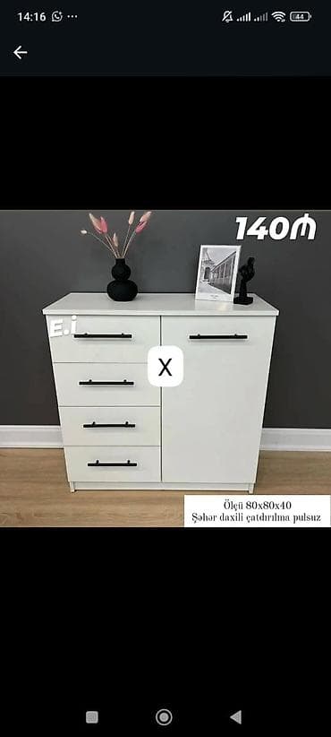 komod satilir: Ağ rəngdə, minimalist dizaynlı komod/dolap. Xüsusiyyətlər: - Ölçü: 80 — 1