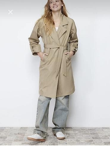 Qadın trençkot – bej rəng - Klassik dizaynlı, dizə qədər uzunluq -