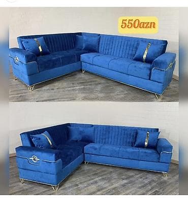 metbex kunc divan: Mavi rəngli L formalı künc divan dəsti - Zərif velür/parça örtük — 1