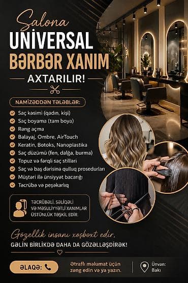 Salona təcrübəli universal bərbər xanım axtarılır. Saç kəsimi, fen lalafo.az -da Salona təcrübəli universal bərbər xanım axtarılır. Saç kəsimi, fen