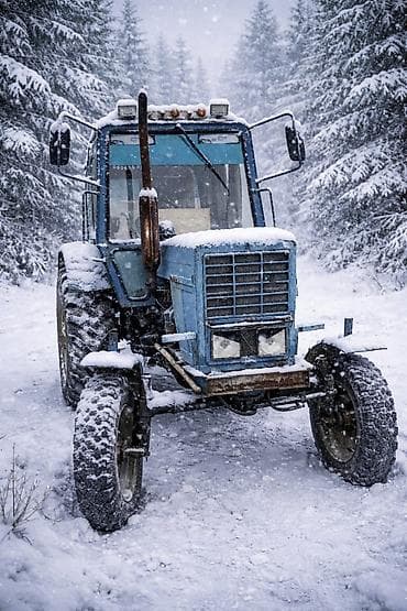 hava ceken: Mavi rəngli təkərli kənd təsərrüfatı traktoru - Kabinli, panoram — 5