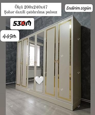 tut: Ağ rəngli, qızılı haşiyəli 6 qapılı geyim dolabı. Orta hissədə tam — 1