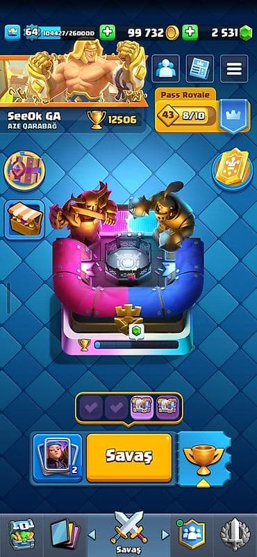 clash royale hesab satisi: Clash Royale hesabı: - Kral səviyyəsi: 64 - Daş: 2800 - Rozetlər — 1