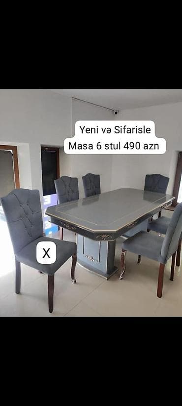 Yemək otağı üçün dəst: düzbucaqlı masa + 6 stul. - Masa: parlaq