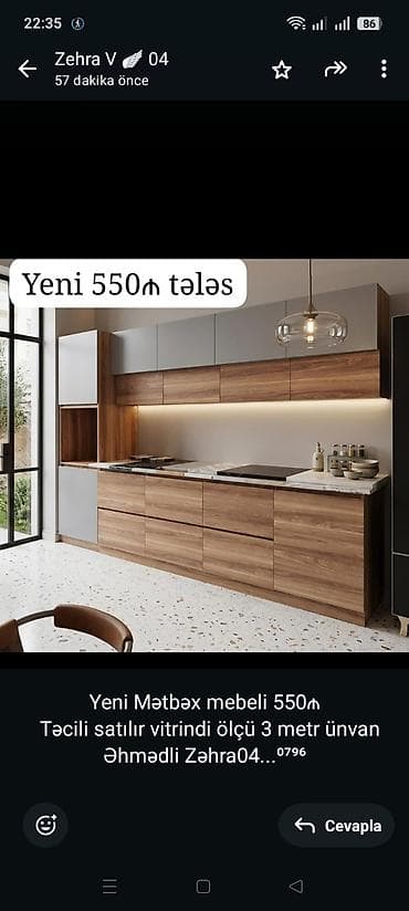 Yeni Mətbəx mebeli 550₼ Təcili satılır vitrindi ölçü 3 metr ünvan