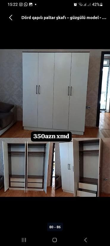 bal: Dörd qapılı paltar şkafı – ağ rəngdə, klassik düz dizayn. - Ölçü — 1