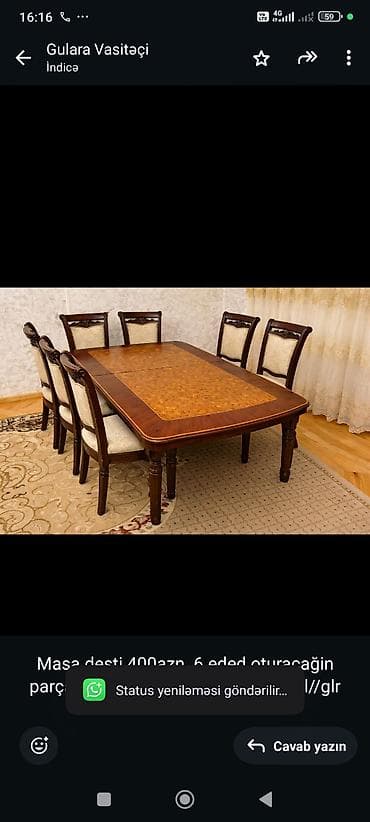 Masa desti 400azn. 6 eded oturacağin parçasi yenidir. Unvan lalafo.az -da Masa desti 400azn. 6 eded oturacağin parçasi yenidir. Unvan