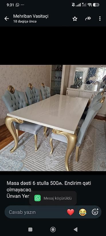 Masa dəsti 6 stulla 500₼. Endirim qəti olmayacaq. Ünvan Yeni