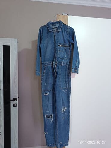 qode qadın ətəkləri: Denim kombinezon - Material: klassik mavi denim - Model: uzunqol, düz — 4