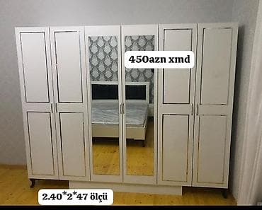 Ağ rəngli çox bölməli paltar şkafı - 6 qapılı dizayn, mərkəzdə tam