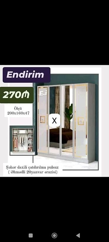 dekor ref: Güzgülü 4 qapılı paltar şkafı - Ölçü: 200 x 160 x 47 sm - Ön hissədə — 1