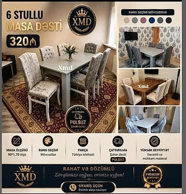 6 stullu masa dəsti – XMD - Komplekt: 1 ədəd masa + 6 ədəd yumşaq