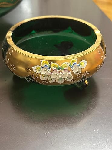 qab setkasi: Bohlu və dekorativ şüşə dəsti - Yaşıl və qızılı tonlarda, əl işçiliyi — 6