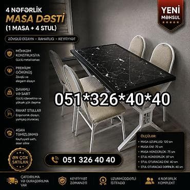 mermer panel: Mətbəx üçün, Yeni, Açılmayan, Dördbucaq masa, 4 stul — 4