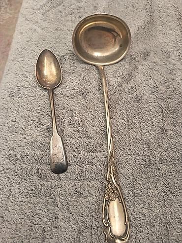 qədimi sufrə: Antik gümüş qaşıq və kepçe dəsti Salam Xлебнико 84 Царская Серебро — 2