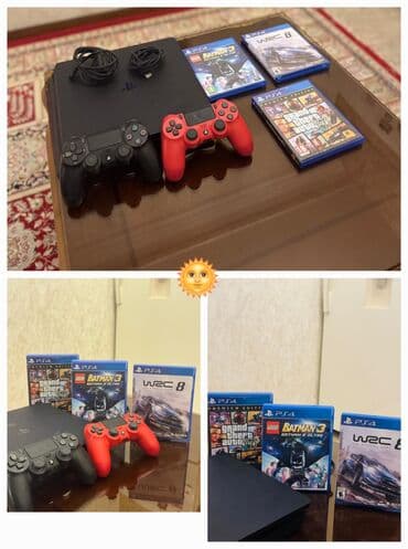 pləkən: 🌞Playstation 4 ✅Satilir 500 azn ✅3 oyun diski ve 2 pult ✅Unvan:8 mkr — 1