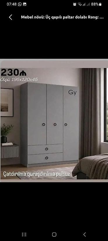 siyirmeli: Üç qapılı paltar dolabı – müasir minimal dizayn, boz rəng. Ölçü: 195 × — 1