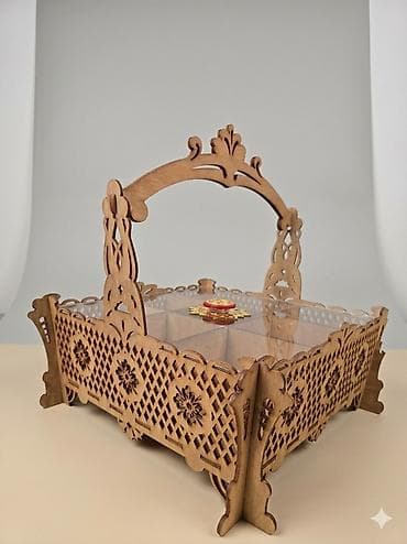 novruz cerezleri: Taxta bəzəkli 9 bölməli çərəz qabı — 3