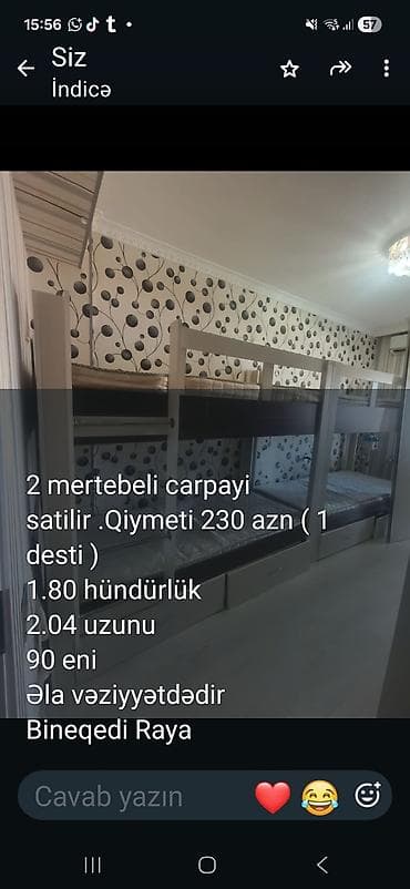 İki mərtəbəli çarpayı dəsti - Ölçülər: hündürlük 1.80 m, uzunluq 2.04 — 1