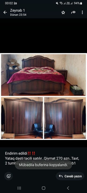 ucuz yataq desti: Endirim edildi‼️‼️ Yataq dəsti təcili satılır. Qiymət 270 azn. Taxt, 2 — 1