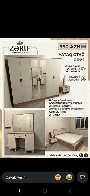 divan ortuk: Yataq otağı dəsti – Zərif Mobilya Qiymət: 950 AZN Dəst tərkibi: - 6 — 1