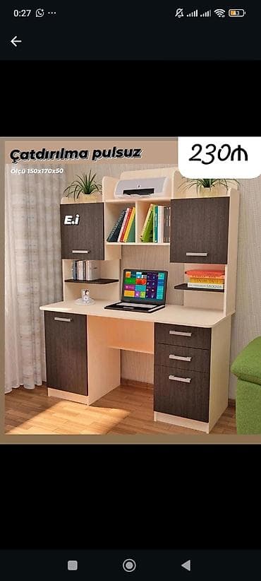 stol ev ucun: İki rəngli iş masasının üst dolablı modeli Ölçü: 150 × 170 × 50 sm — 1