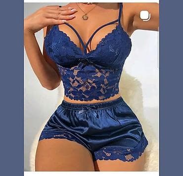 paltar ipi: Dərin göy rəngdə qadın pijama dəsti - 2 variant: şortlu və uzun — 1