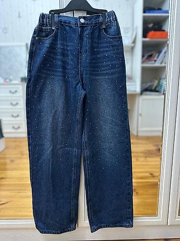 Qızlar üçün geniş kəsimli cins şalvar - Rəng: tünd mavi denim -