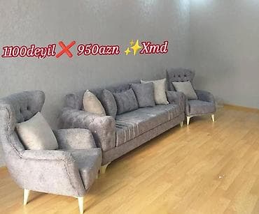divan desti: Qonaq otağı üçün 3+1+1 dəst yumşaq mebel - Rəng: boz - Komplekt: 1 — 1