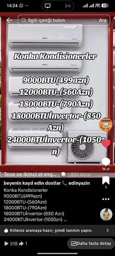 kondisoner: Konka kondisionerlər – müxtəlif güclərdə seçimlər: - 9000 BTU – 499 — 1