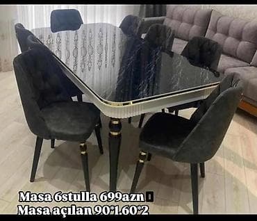 kafe stolu: Yemək otağı dəsti – masa və 6 stul. - Masa: qara mərmər naxışlı — 1