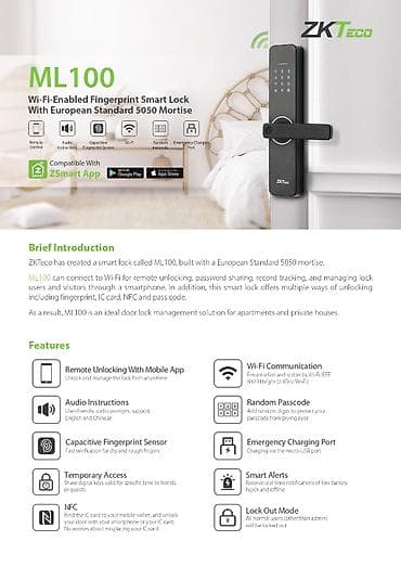 qapı açarı: "ZKTeco" - Çin brendi və Çin istehsalı.! Ağıllı Kilid "ML100" ZKTeco — 9